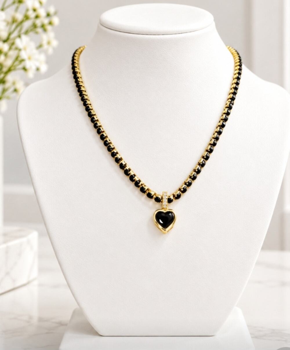 18KT Plated Gold Black Heart Tennis Necklace